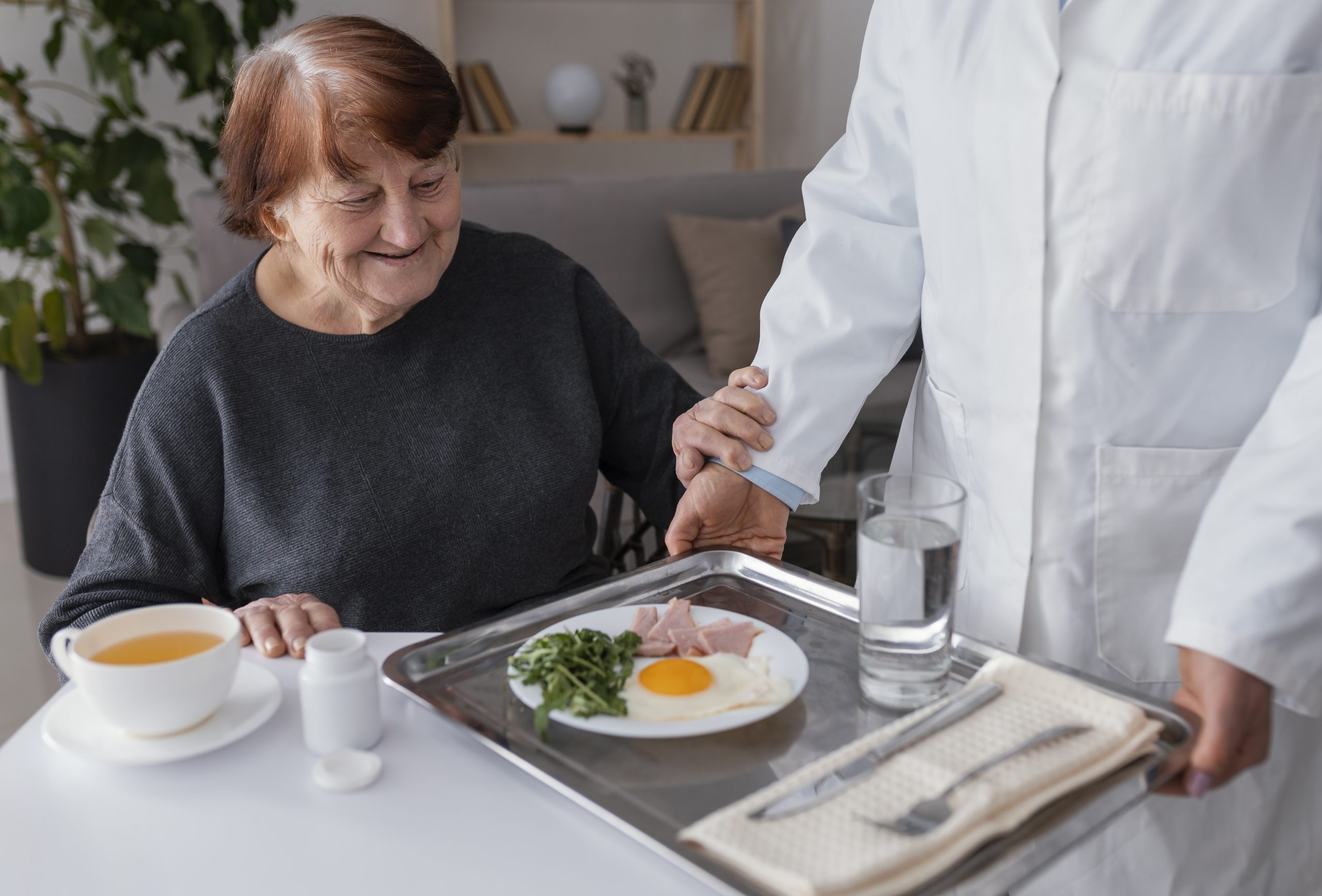Cuidadora de idoso serve café da manhã de sua paciente