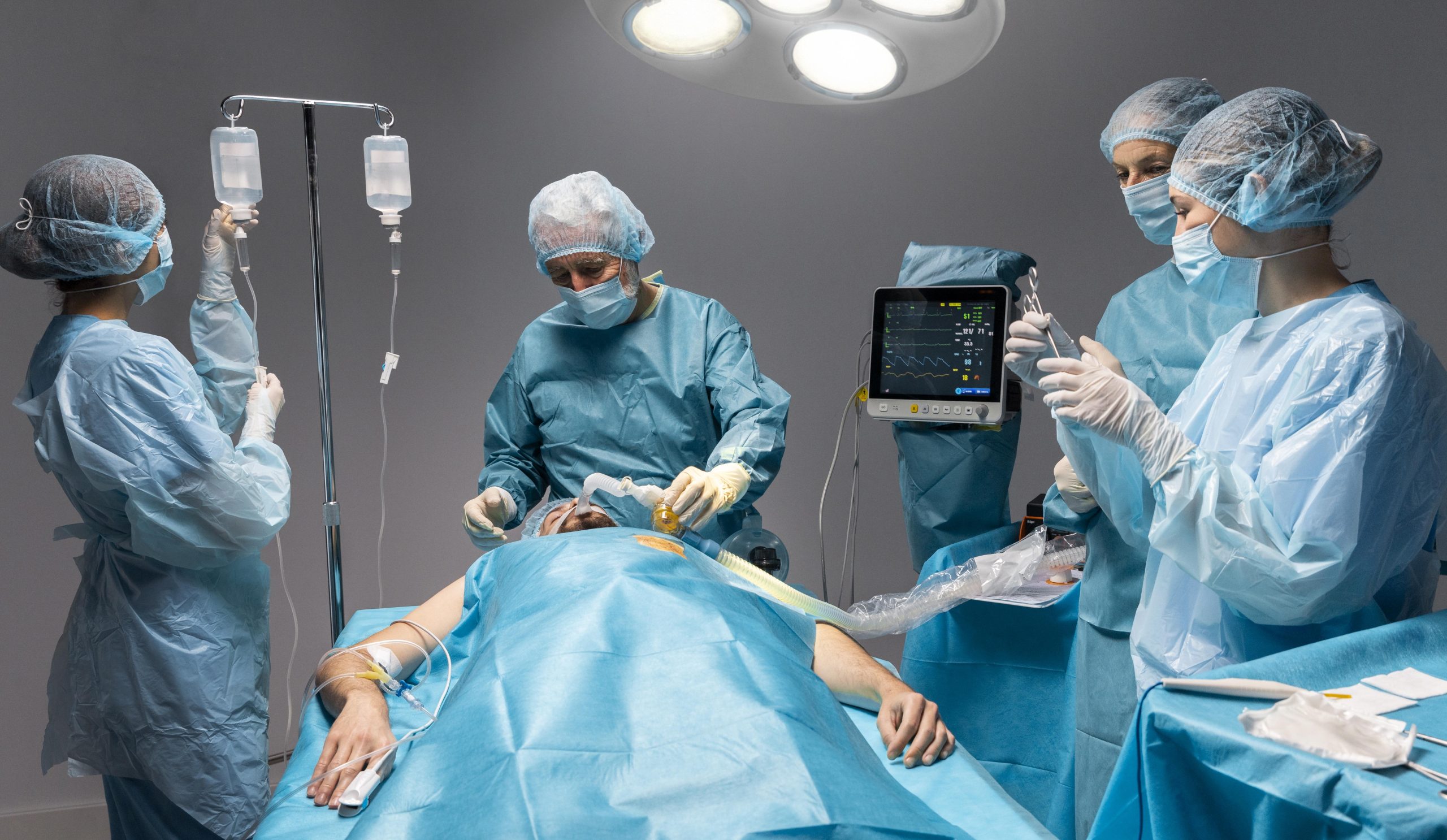 Enfermeiras auxiliam médicos durante cirurgia